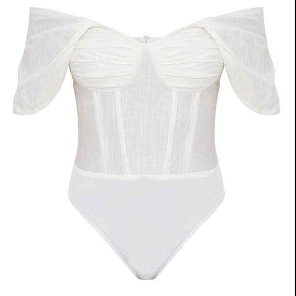 White Linen Look Bardot Draped Bust Corset Bodice Bodysuit - Picture 2 of 3